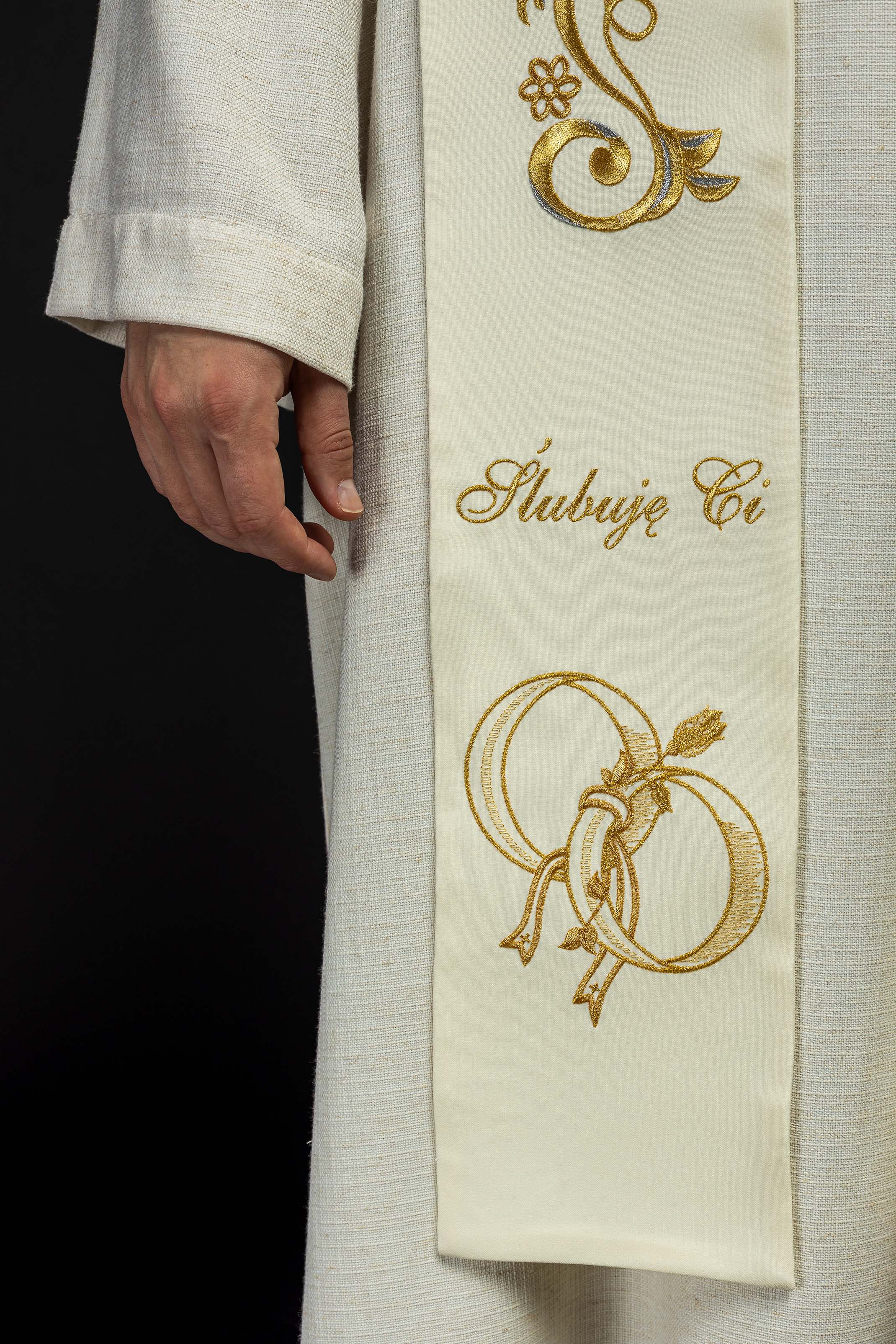 Długa stuła haftowana Ślubna w kolorze kremowym - ORNATY.PL