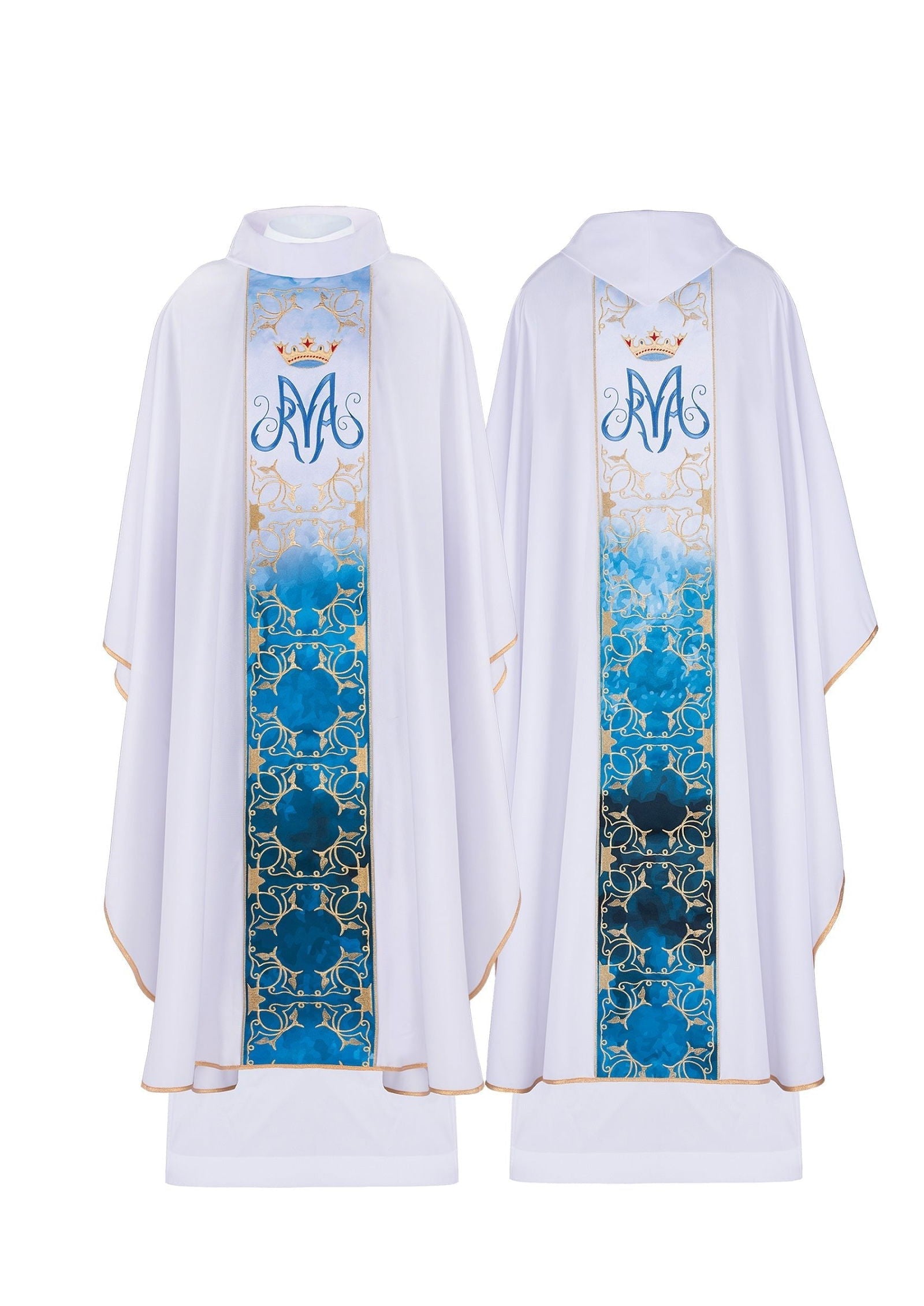 Ornat liturgiczny Maryjny z pasem haftowanym i sublimowanym w kolorze ecru - ORNATY.PL