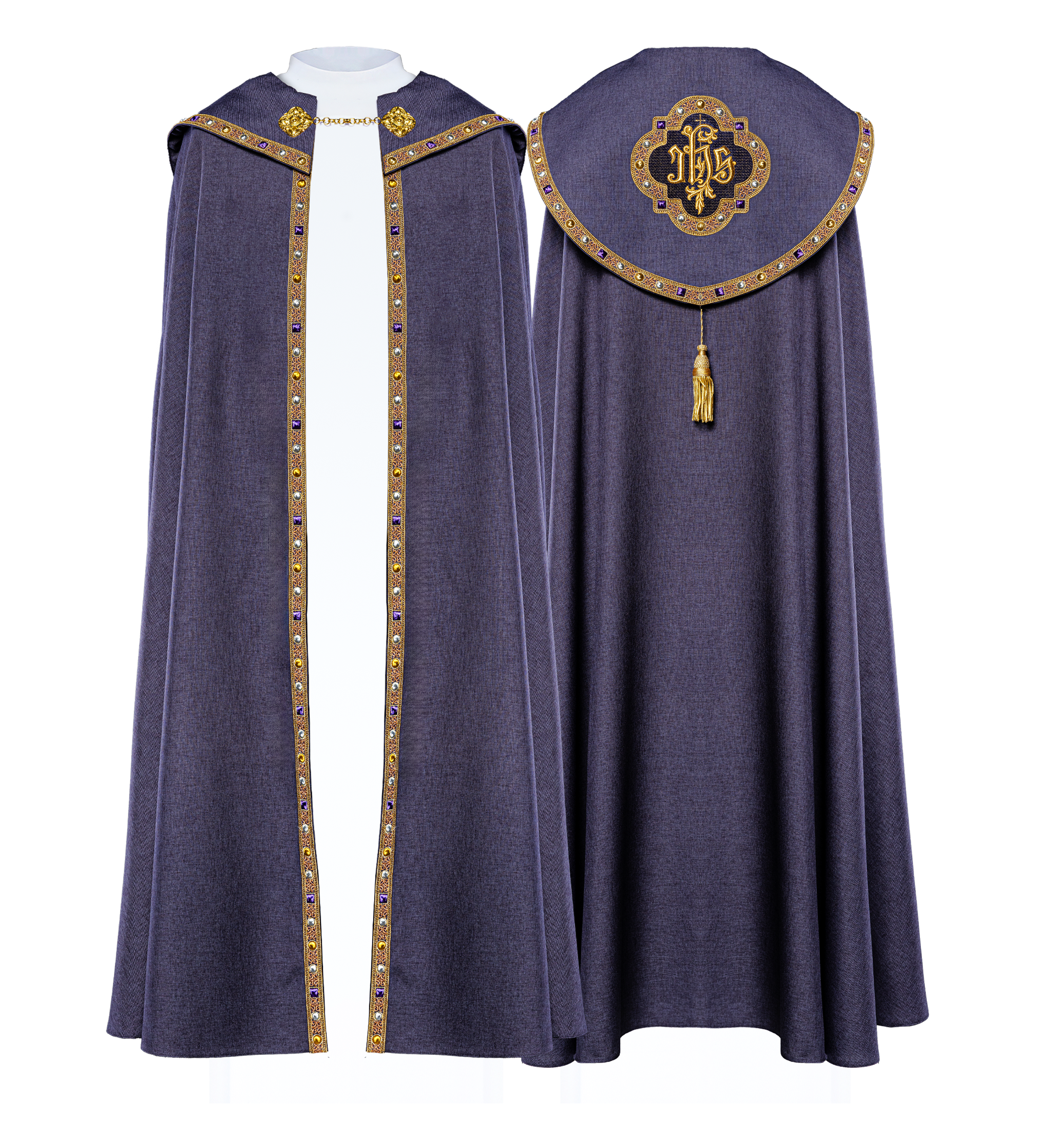 Fioletowa kapa liturgiczna z złotym IHS - ORNATY.PL