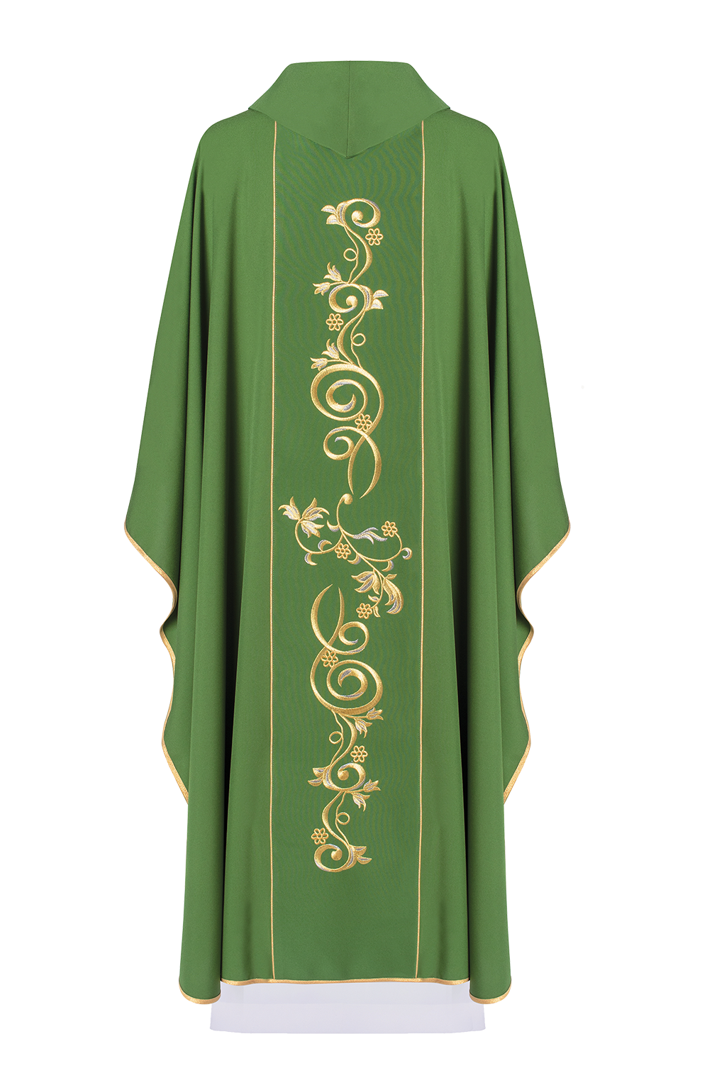 Casulla verde con bordado dorado IHS y adorno floral