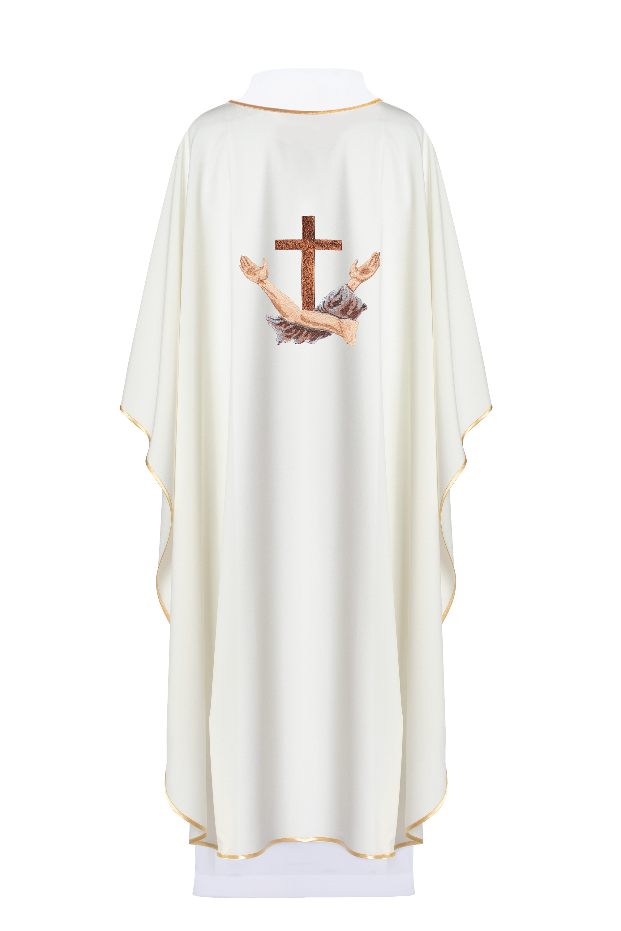 Casulla marfil con bordado Cruz Franciscana TAU, cuello redondo