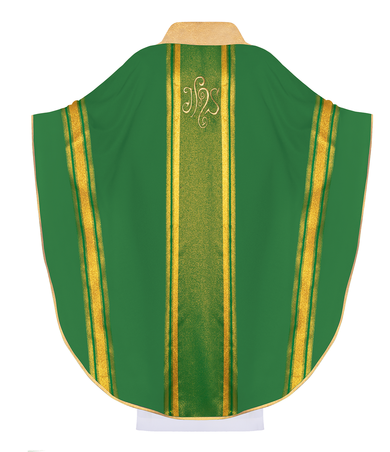 Casulla verde con bordado IHS y rayas dorada