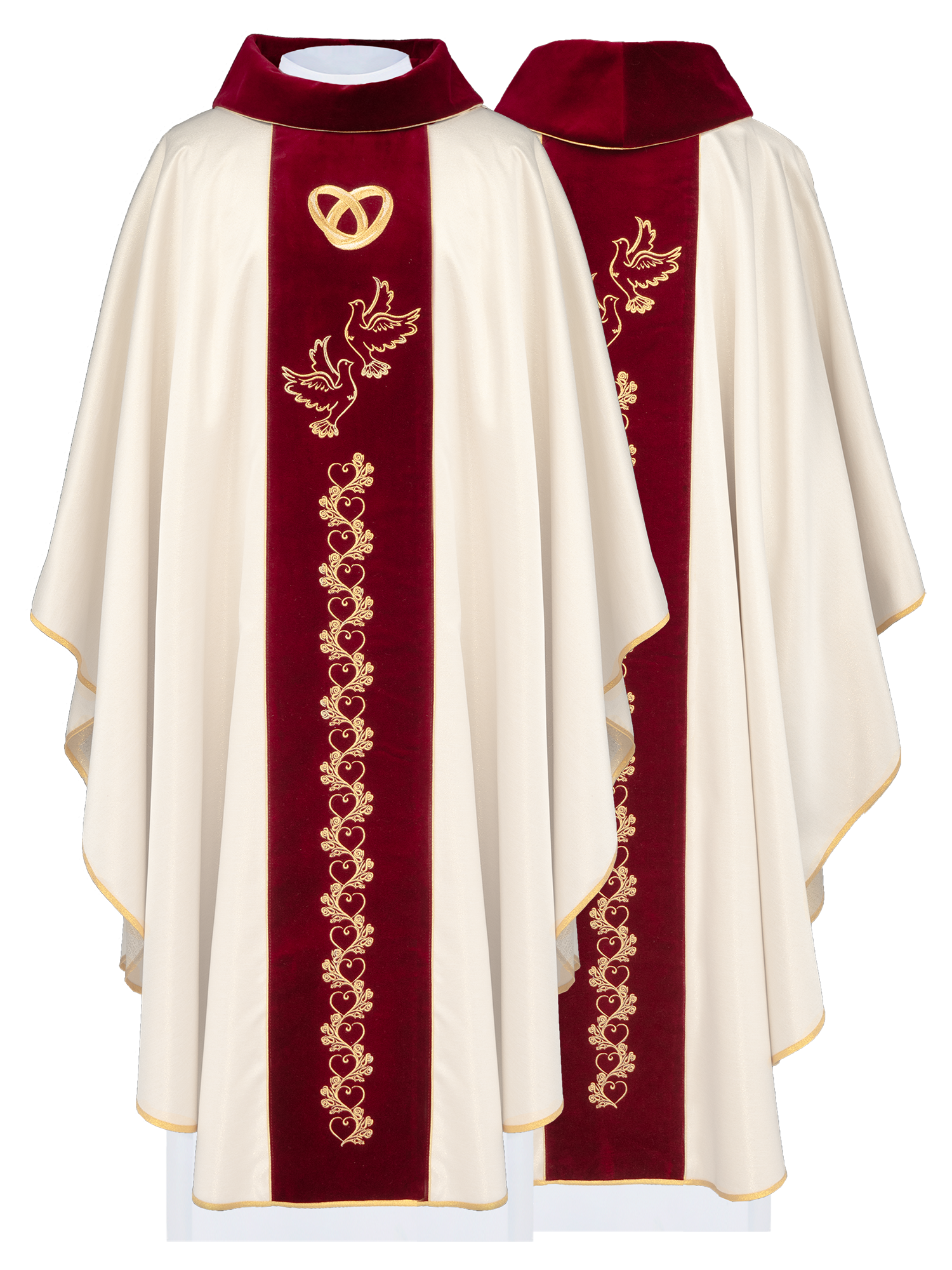 Casulla marfil de boda con galón rojo oscuro terciopelo