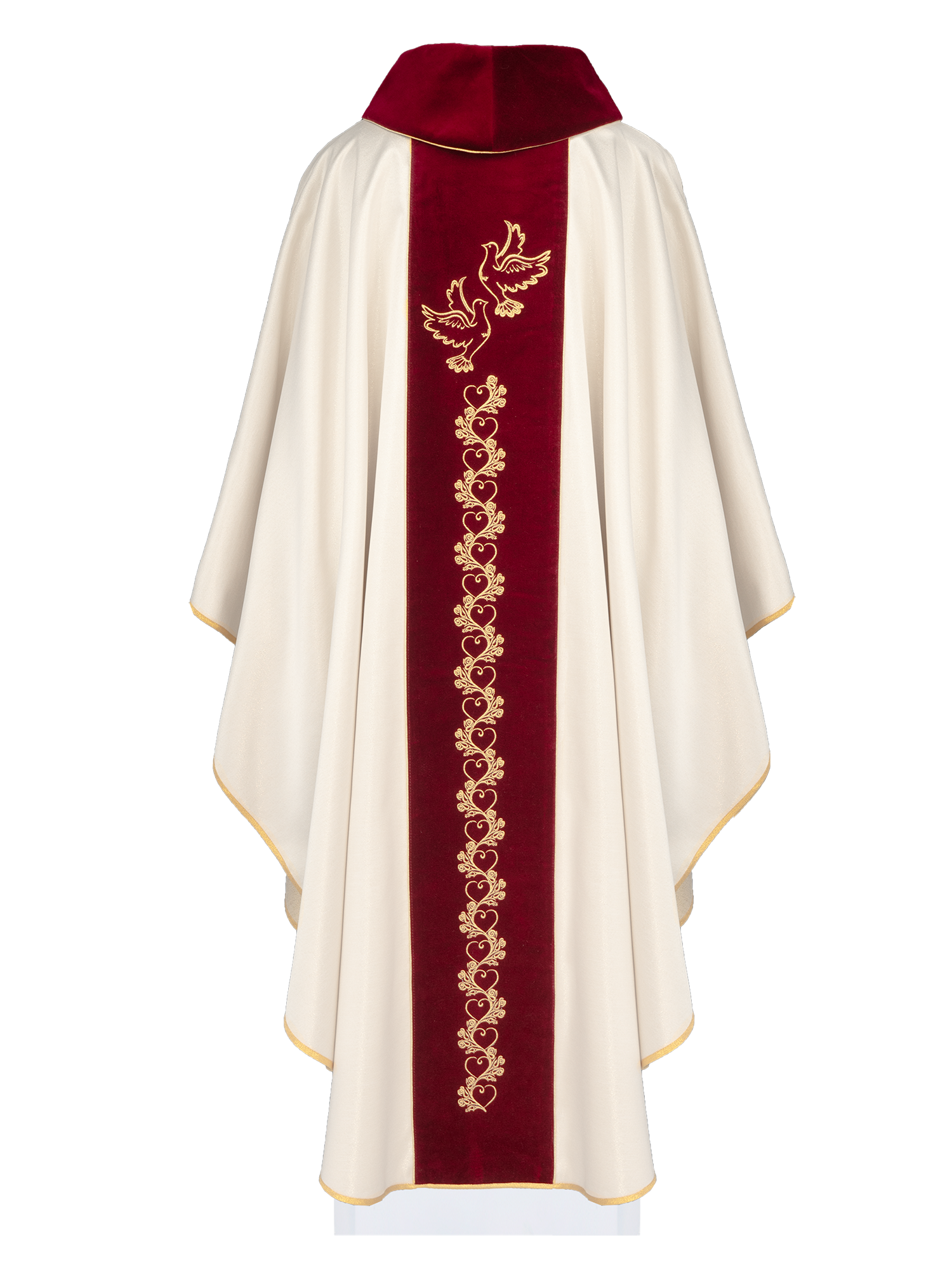 Casulla marfil de boda con galón rojo oscuro terciopelo