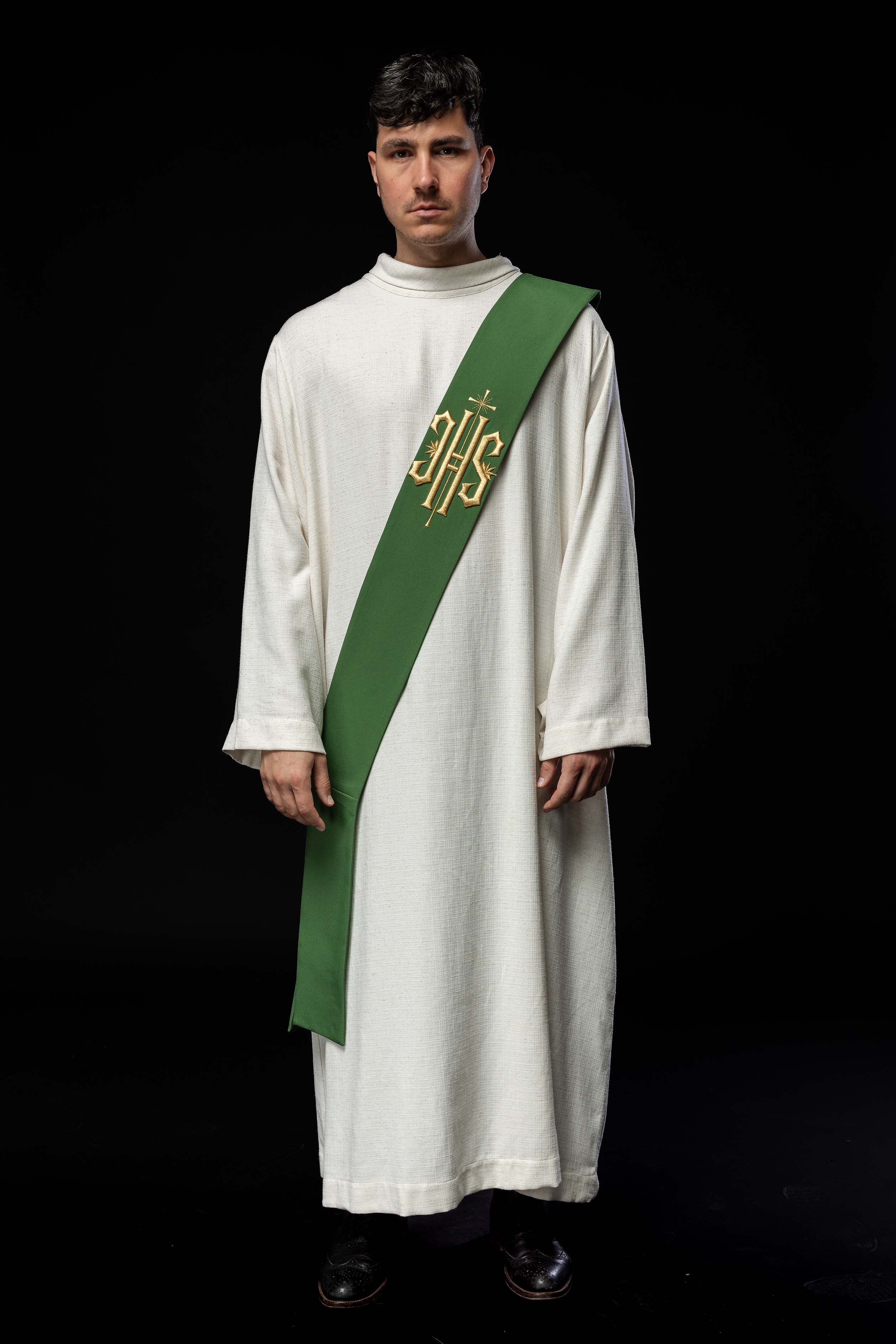 Estola diaconal verde con bordado IHS y Cruz