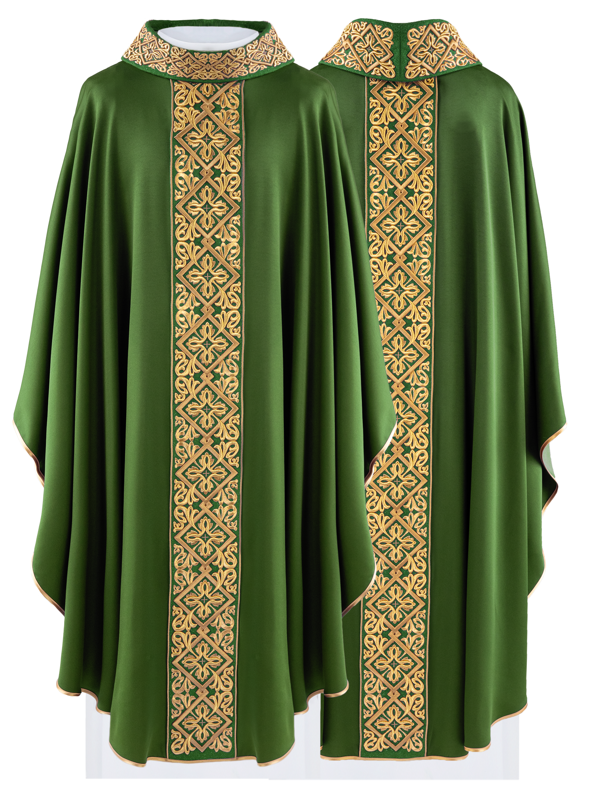 Casulla verde ricamente bordada con motivo floral y cruces