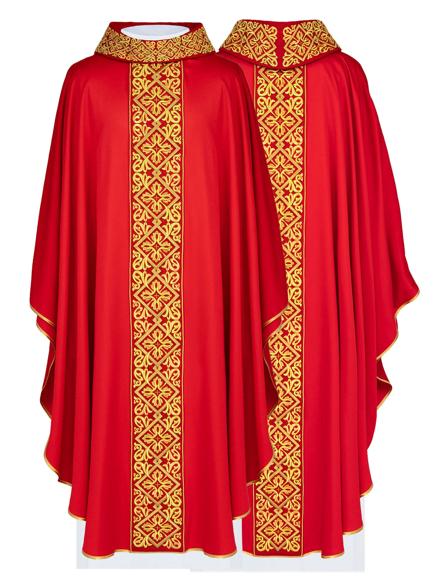 Casulla roja ricamente bordada con motivo floral y cruces