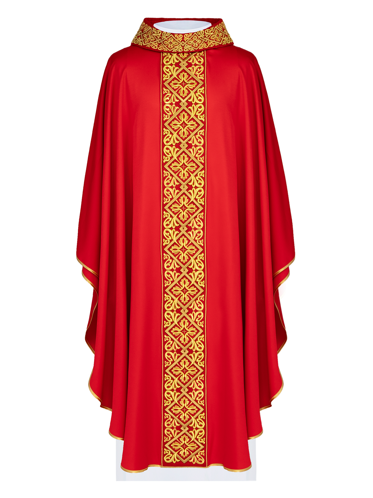 Casulla roja ricamente bordada con motivo floral y cruces