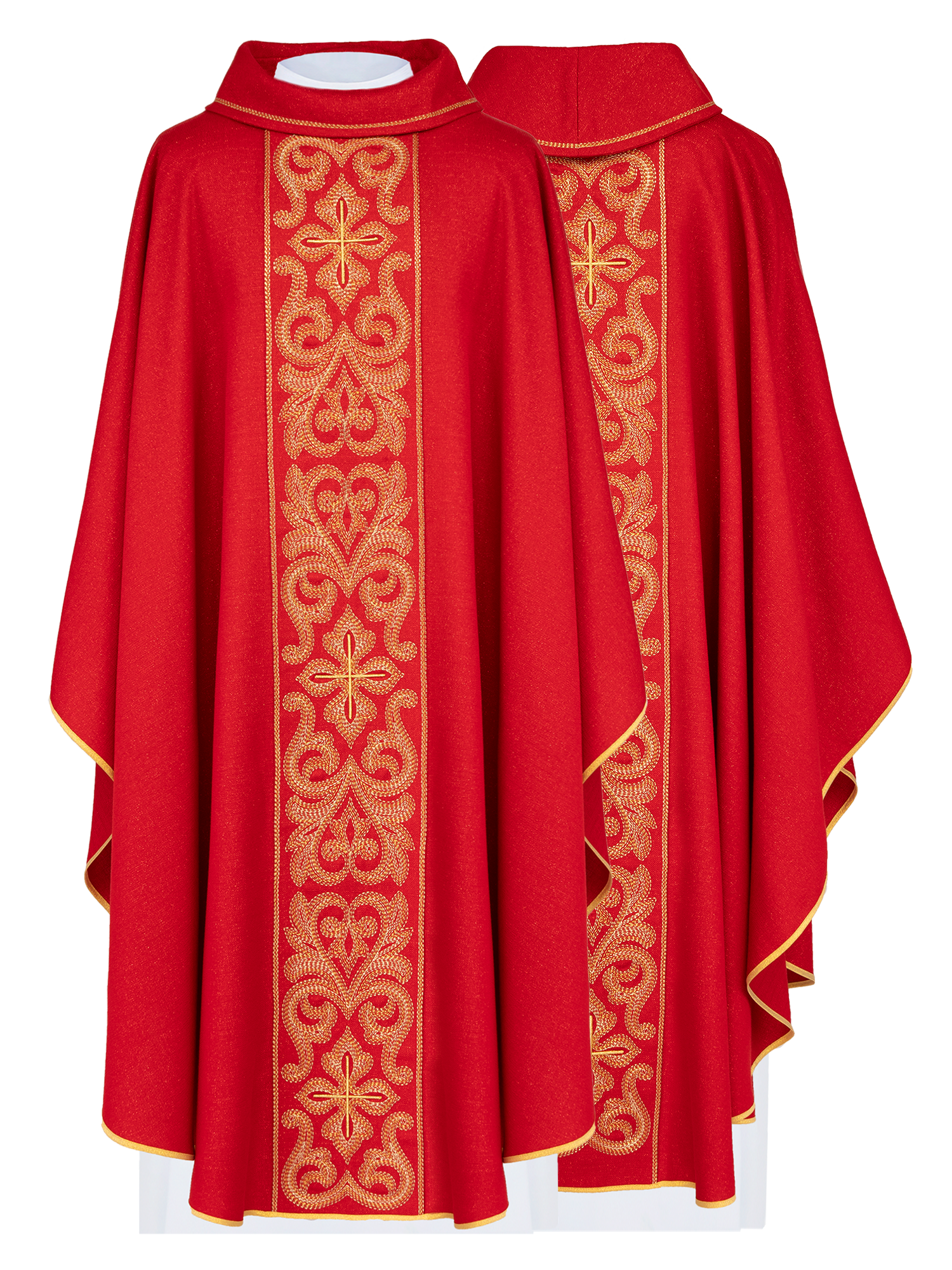 Casulla roja ricamente bordada con cruces