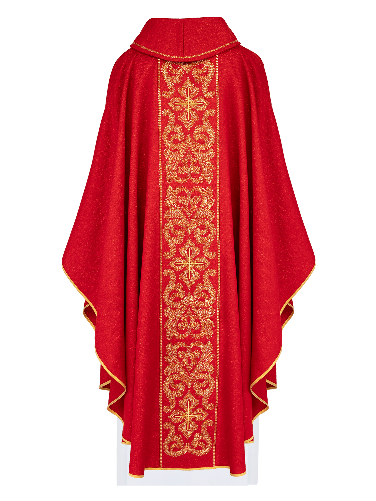 Casulla roja ricamente bordada con cruces