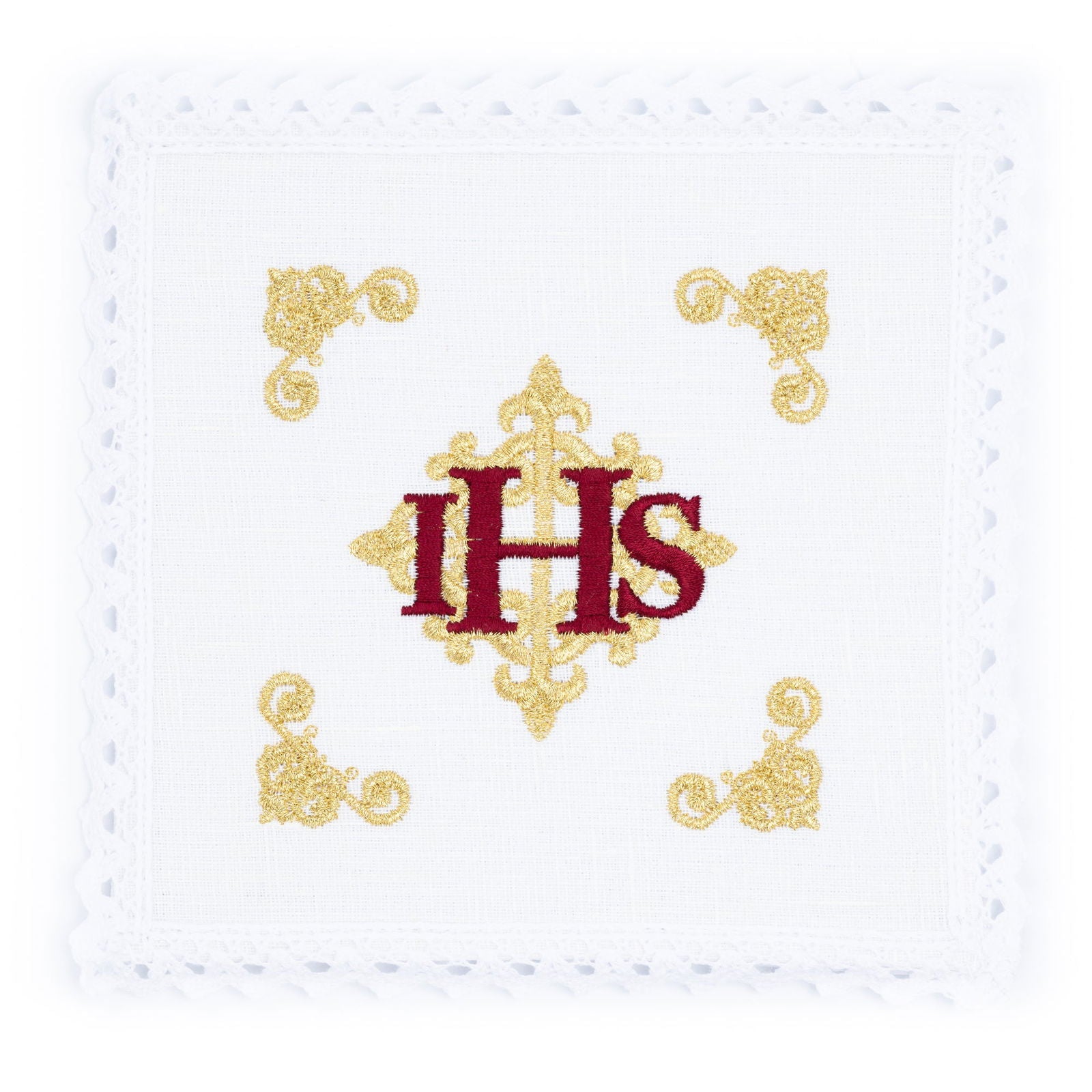 Juego de altar lino con IHS rojo bordado