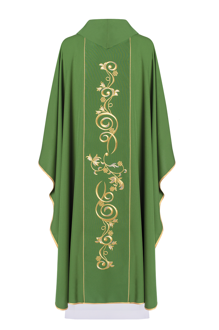 Casulla verde con bordado dorado IHS y adorno floral