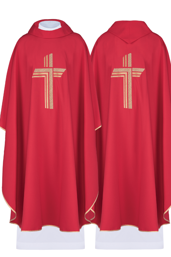 Casulla roja bordada con diseño de cruz