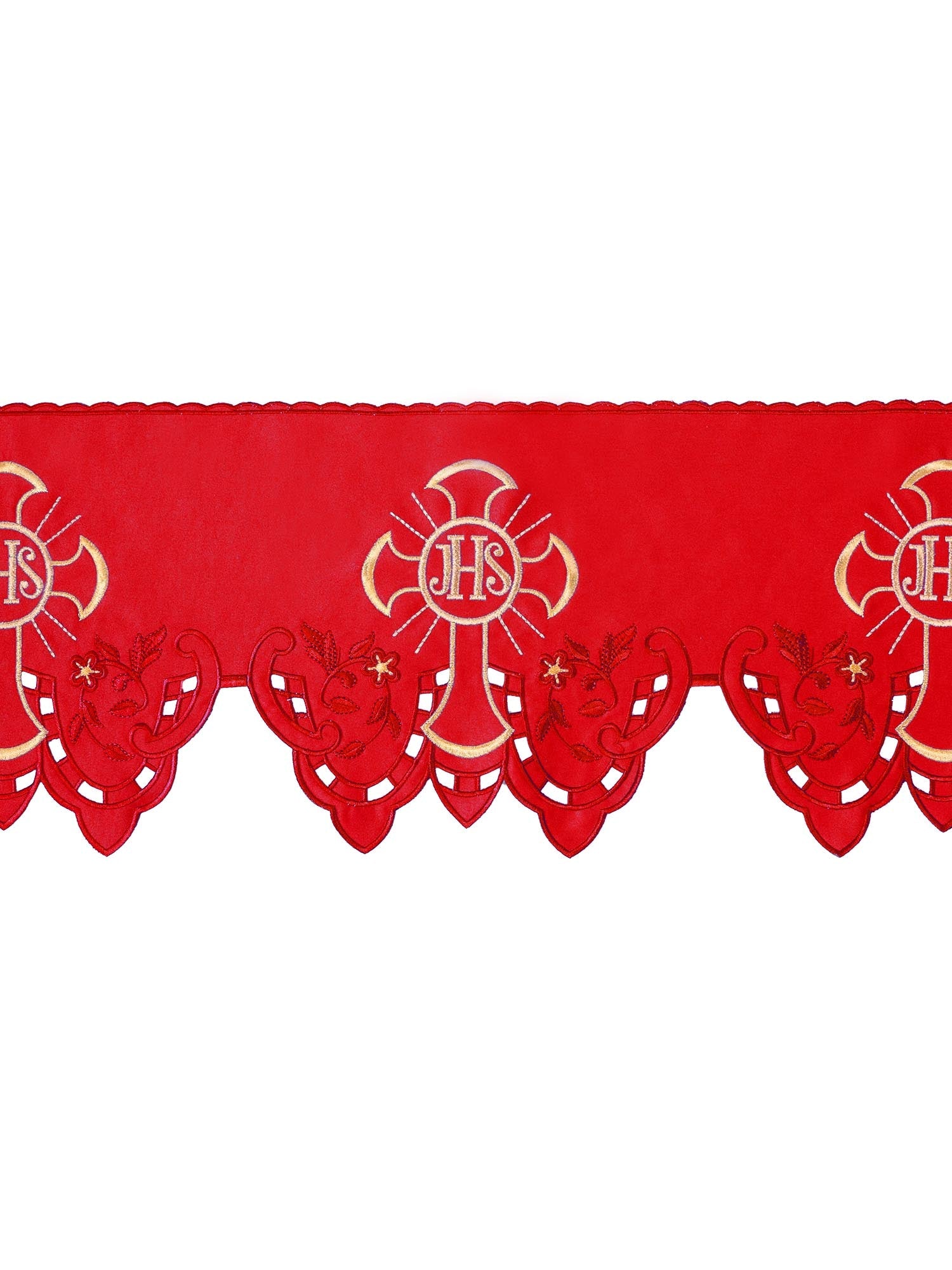 Puntilla de altar con bordado IHS y Cruz - rojo