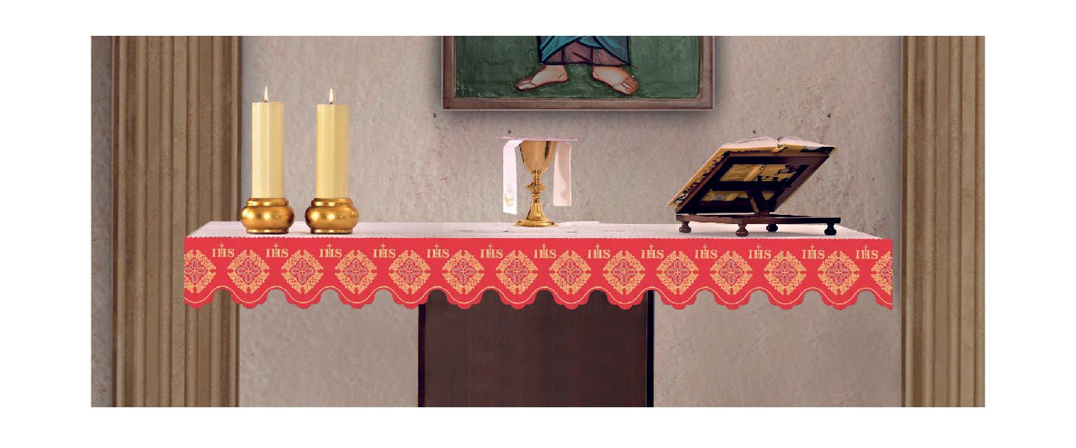 Puntilla de altar con bordado IHS y Rosetón - rojo