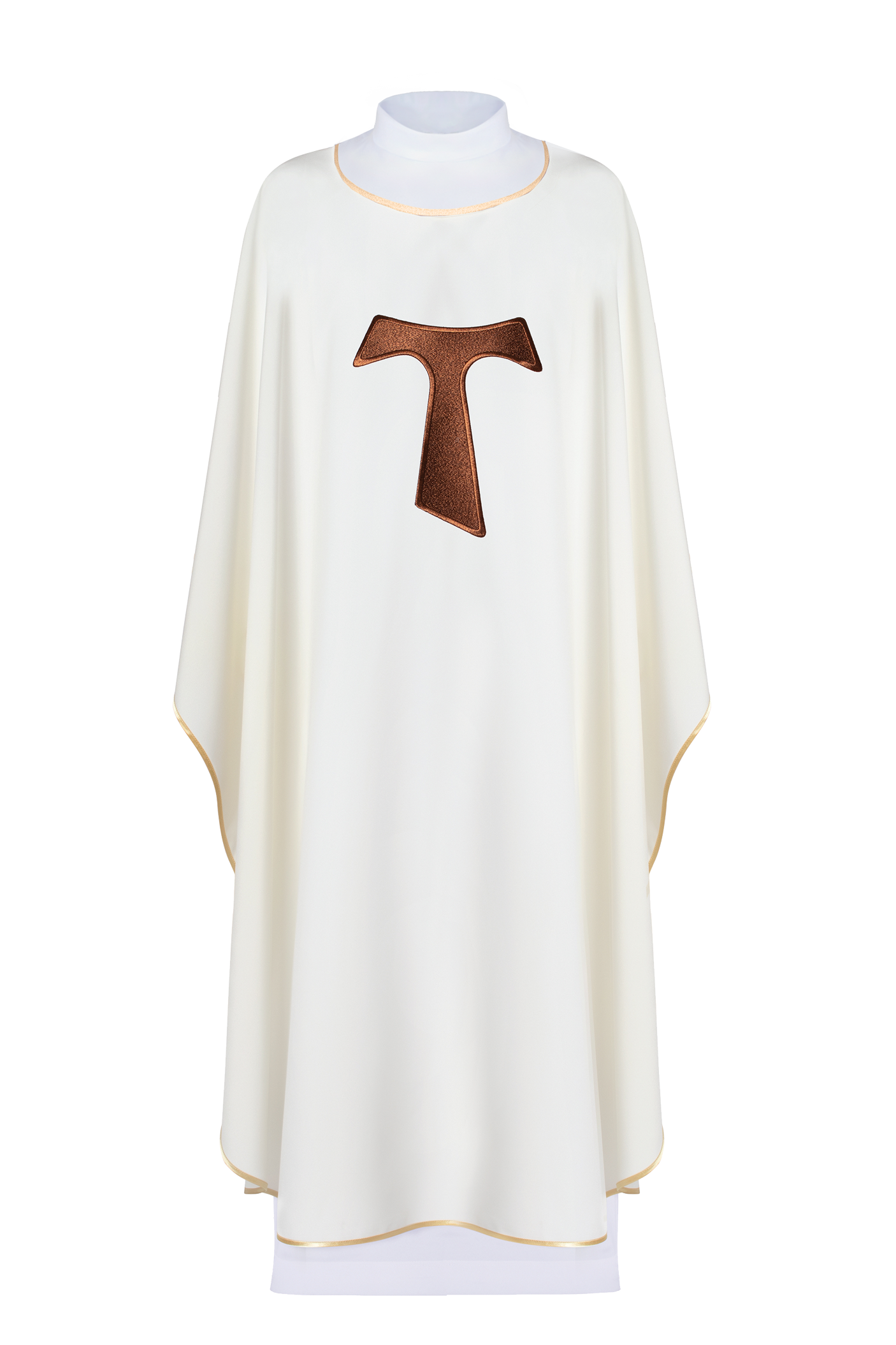 Casulla marfil con bordado Cruz Franciscana TAU, sin cuello