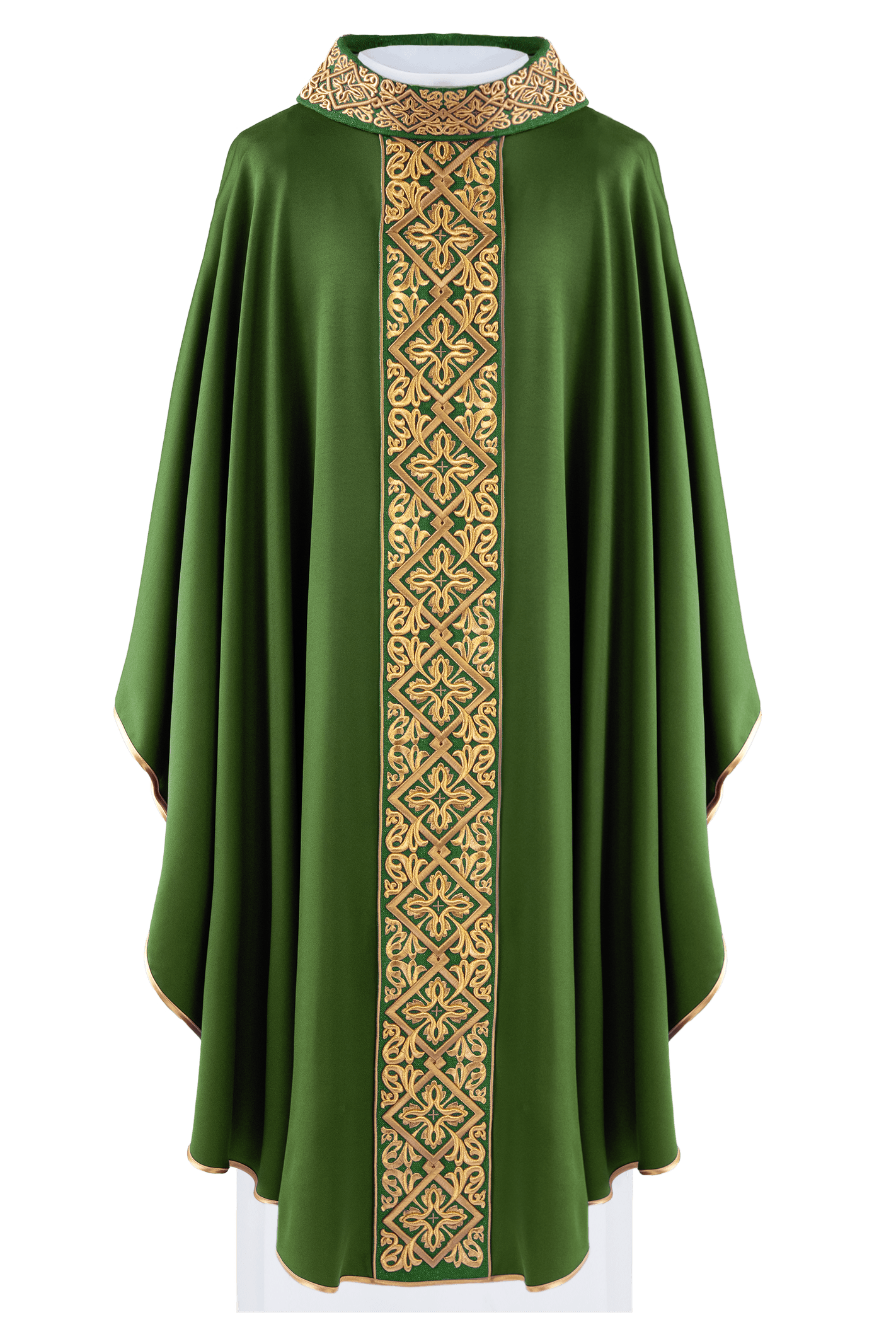 Casulla verde ricamente bordada con motivo floral y cruces