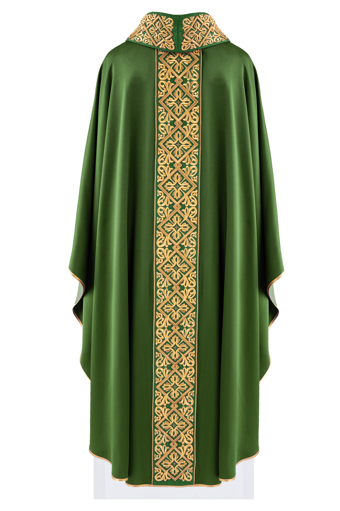 Casulla verde ricamente bordada con motivo floral y cruces