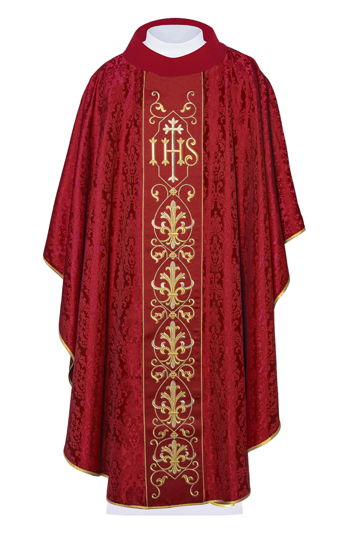 Casulla roja con bordado IHS ; la tela decorativa