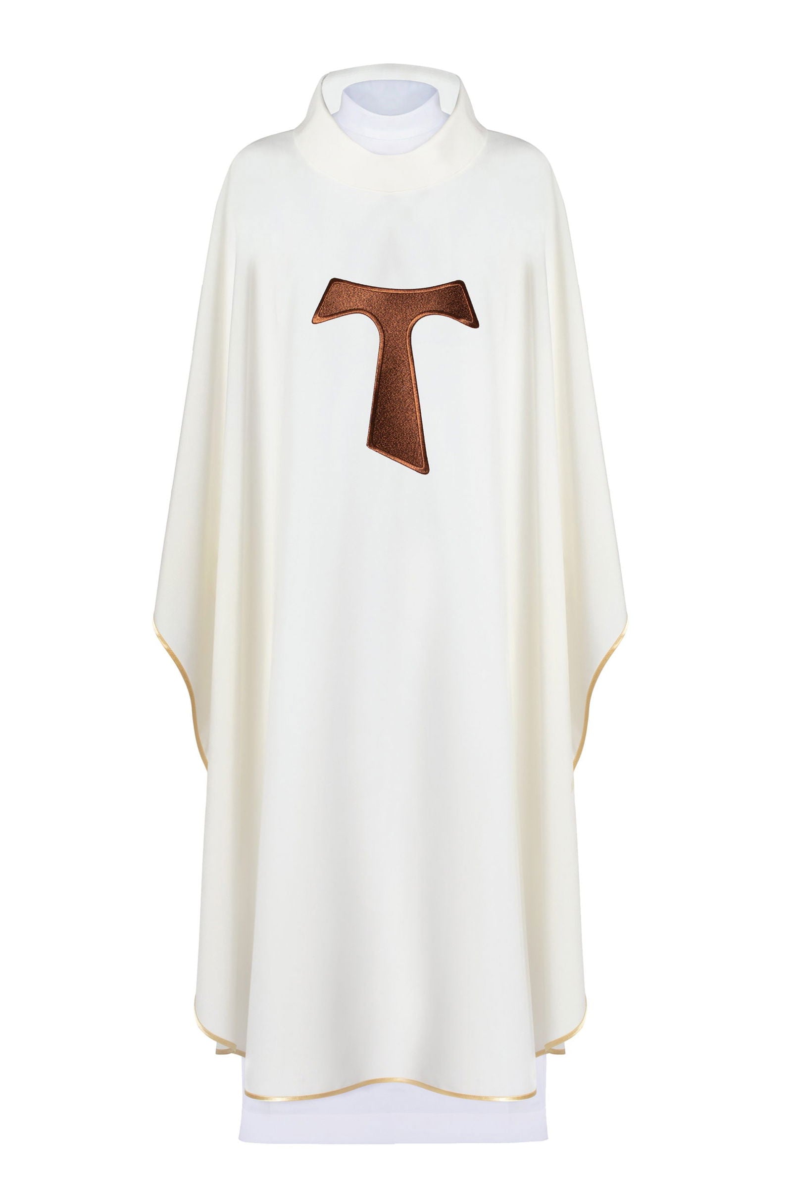 Casulla marfil con bordado Cruz Franciscana TAU, cuello redondo