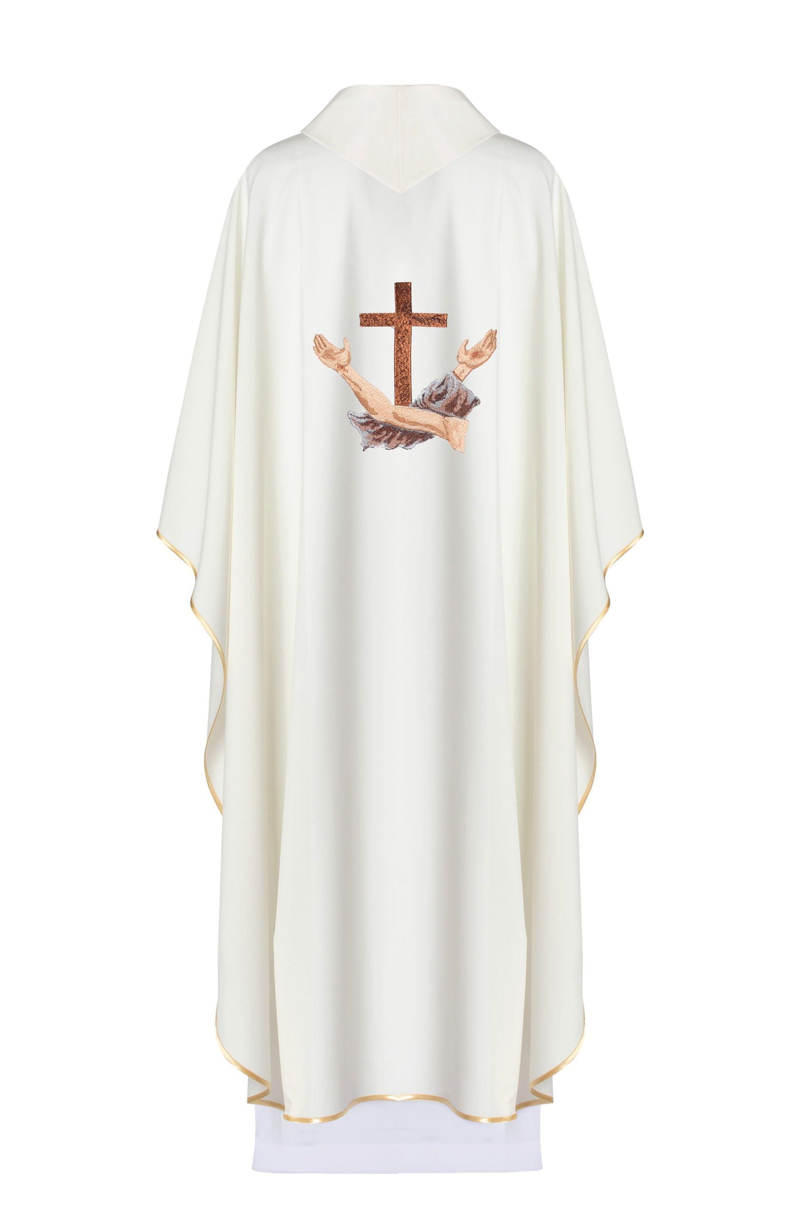 Casulla marfil con bordado Cruz Franciscana TAU, cuello redondo