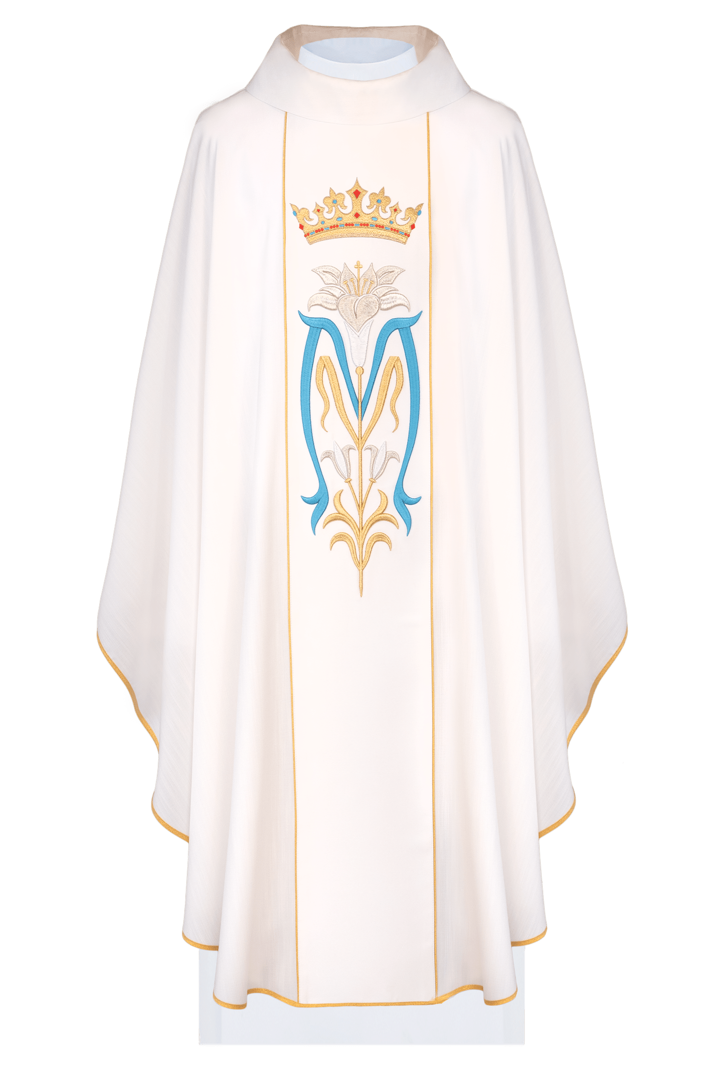 Casulla litúrgica con corona bordada de la Virgen María