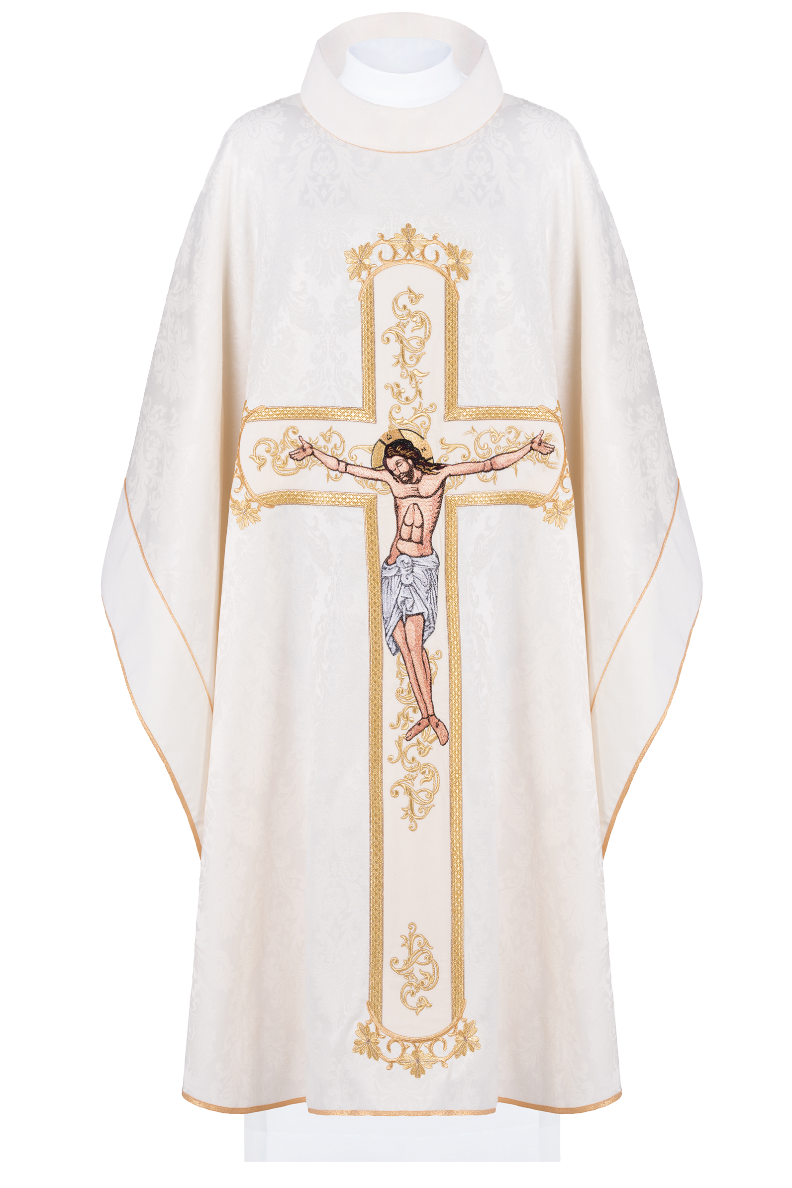 Casulla marfil con bordado Jesucristo, la tela decorativa